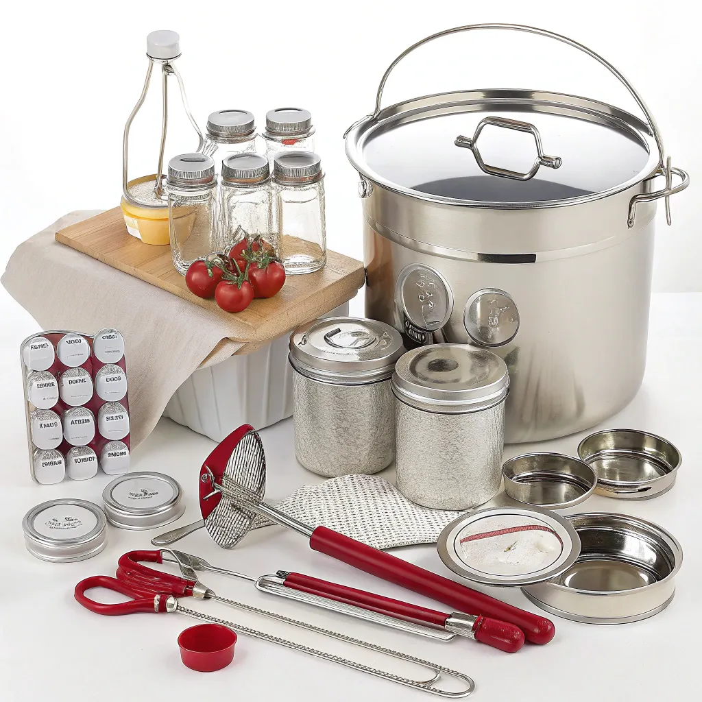 A complete canning kit with tools and jars