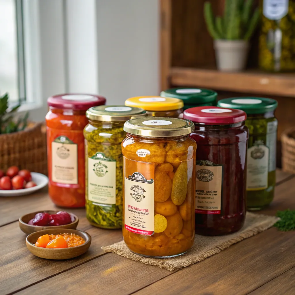 Colorful jars of pickles and preserves