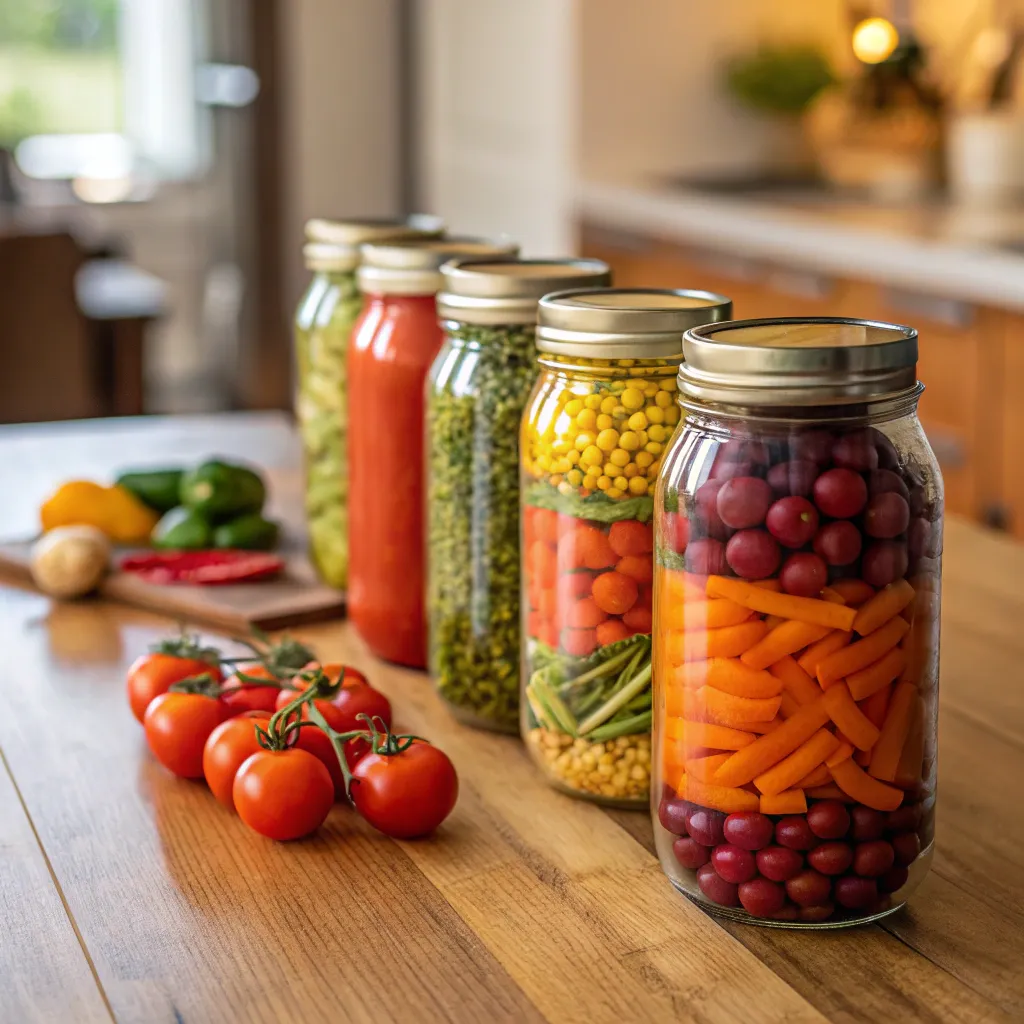 Jars and vegetables for canning