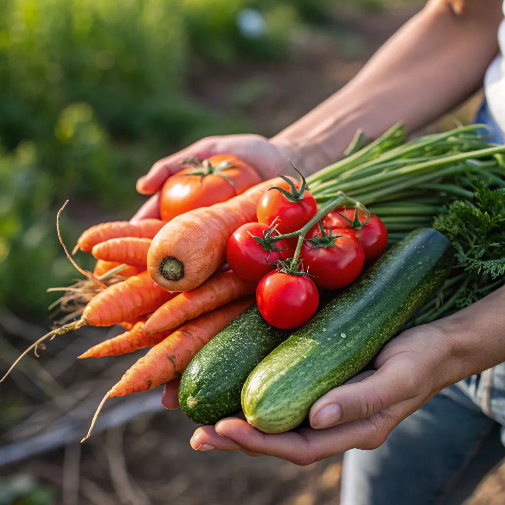 Hands holding a selection of fresh vegetables